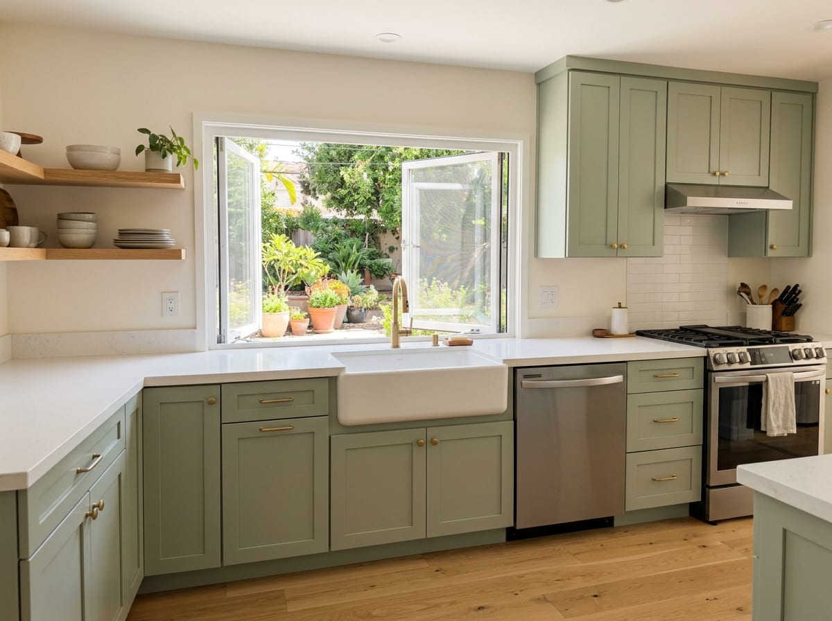AI-generated concept: a sage green kitchen with an island and warm wood accents