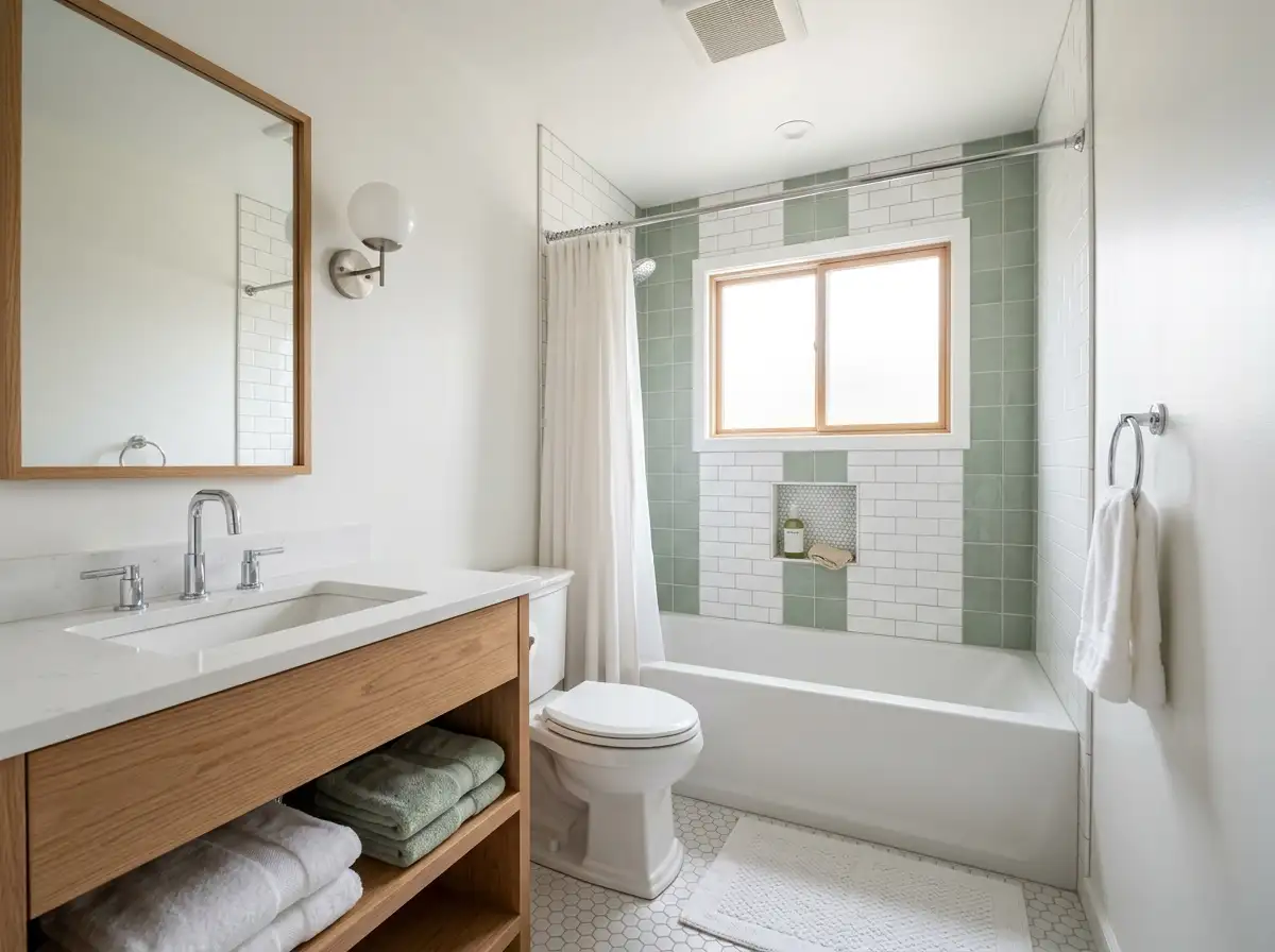AI-generated concept: guest bathroom with a tub shower and green tile accent