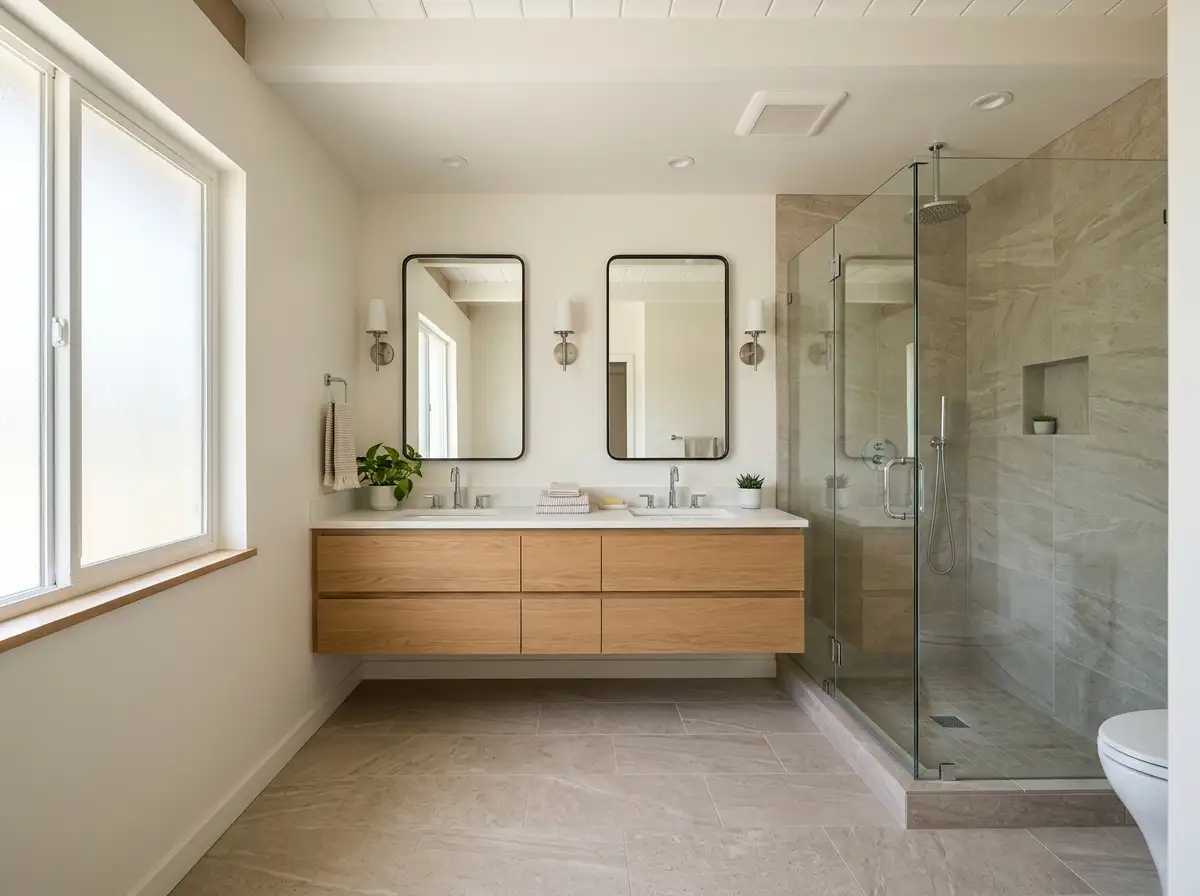 AI-generated concept: primary bathroom with a floating double vanity and glass shower