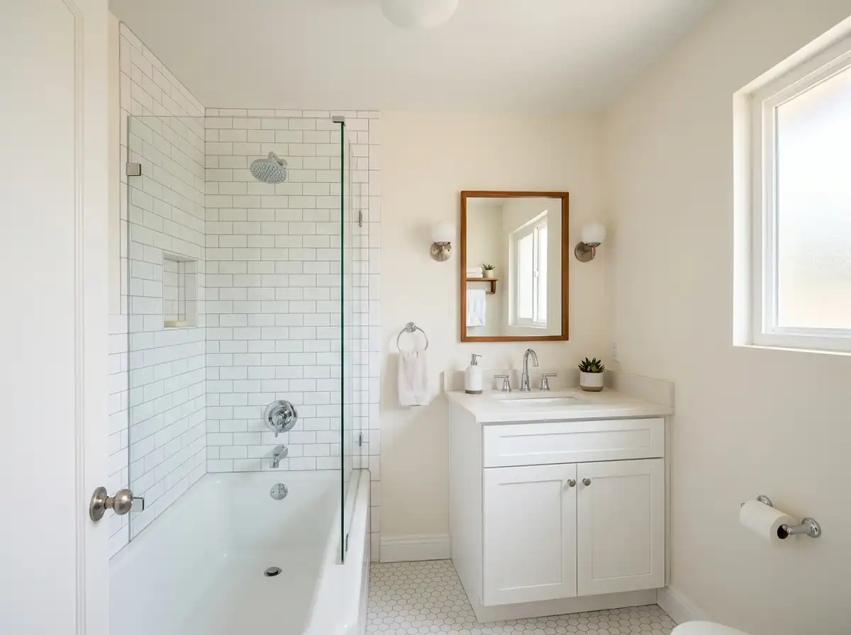 AI-generated concept: bathroom with a walk-in shower and white subway tile