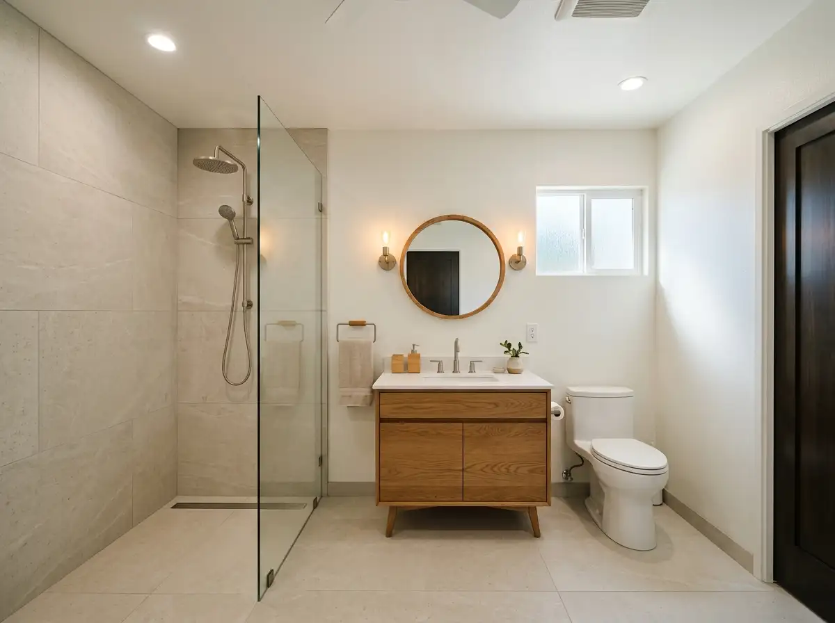 AI-generated concept: bathroom with a curbless walk-in shower and wood vanity