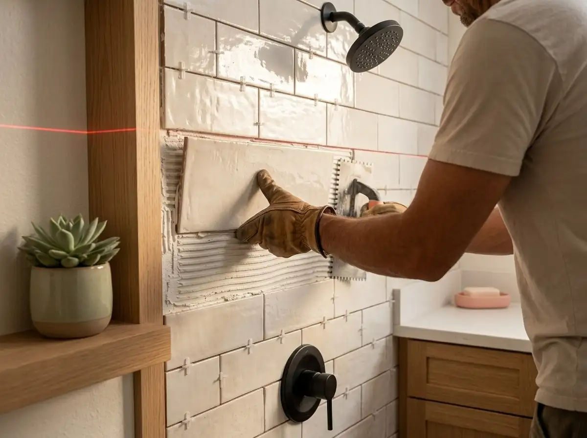 AI-generated concept: hands setting wall tile with a laser line