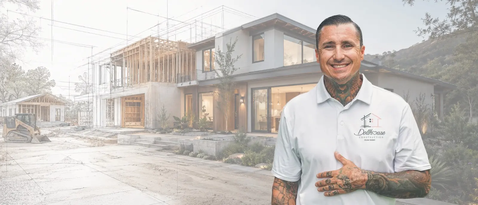 Dallas, owner of Dollhouse Construction, in front of an AI-generated concept home that shifts from sketch to finished