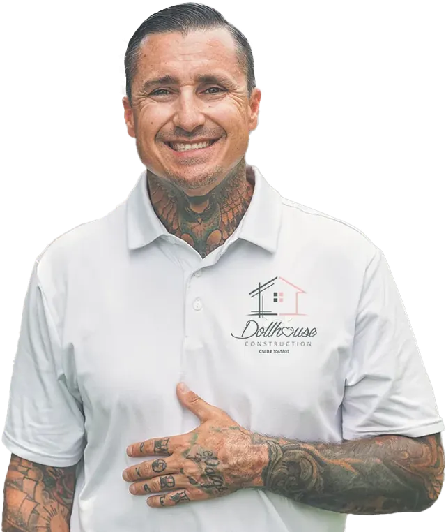 Dallas, owner of Dollhouse Construction (portrait cutout with an illustrated background)