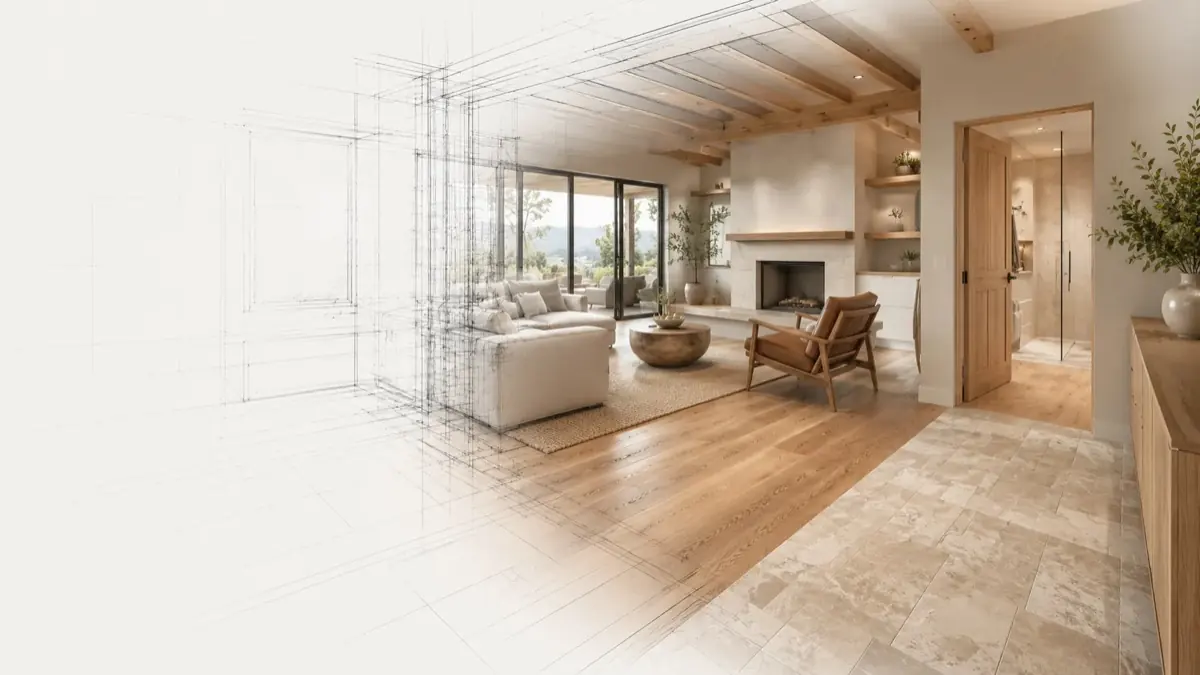AI-generated concept: wood floor meeting stone tile in a bright living space