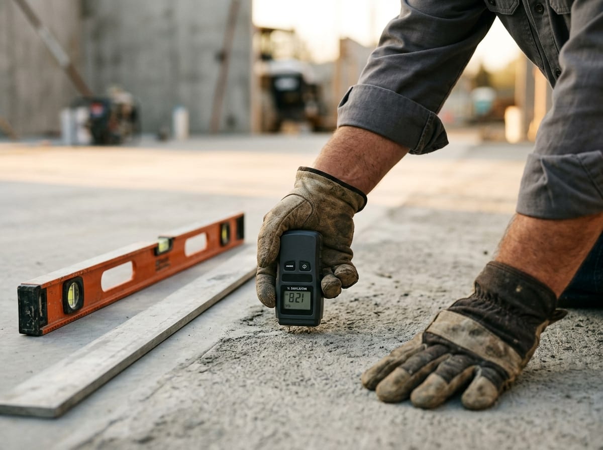 AI-generated concept: hands checking a concrete slab with a moisture meter