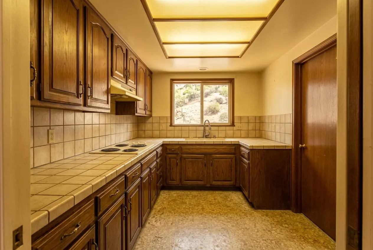 AI-generated concept: a dated kitchen before a remodel