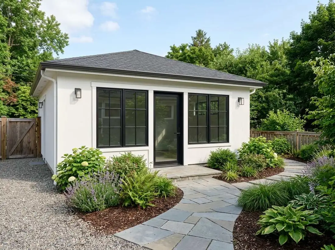 AI-generated concept: garage converted to an ADU, with windows and an entry door where the garage door was, design render