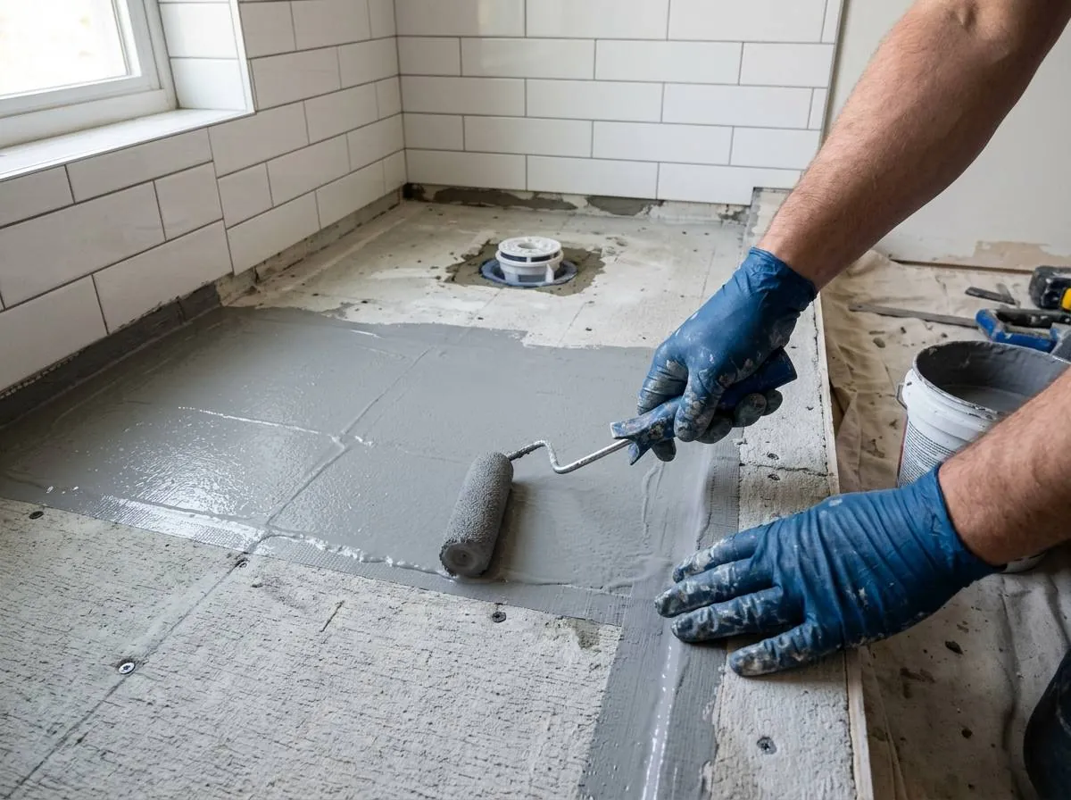 AI-generated concept: waterproofing membrane being rolled onto cement board in a shower, design render