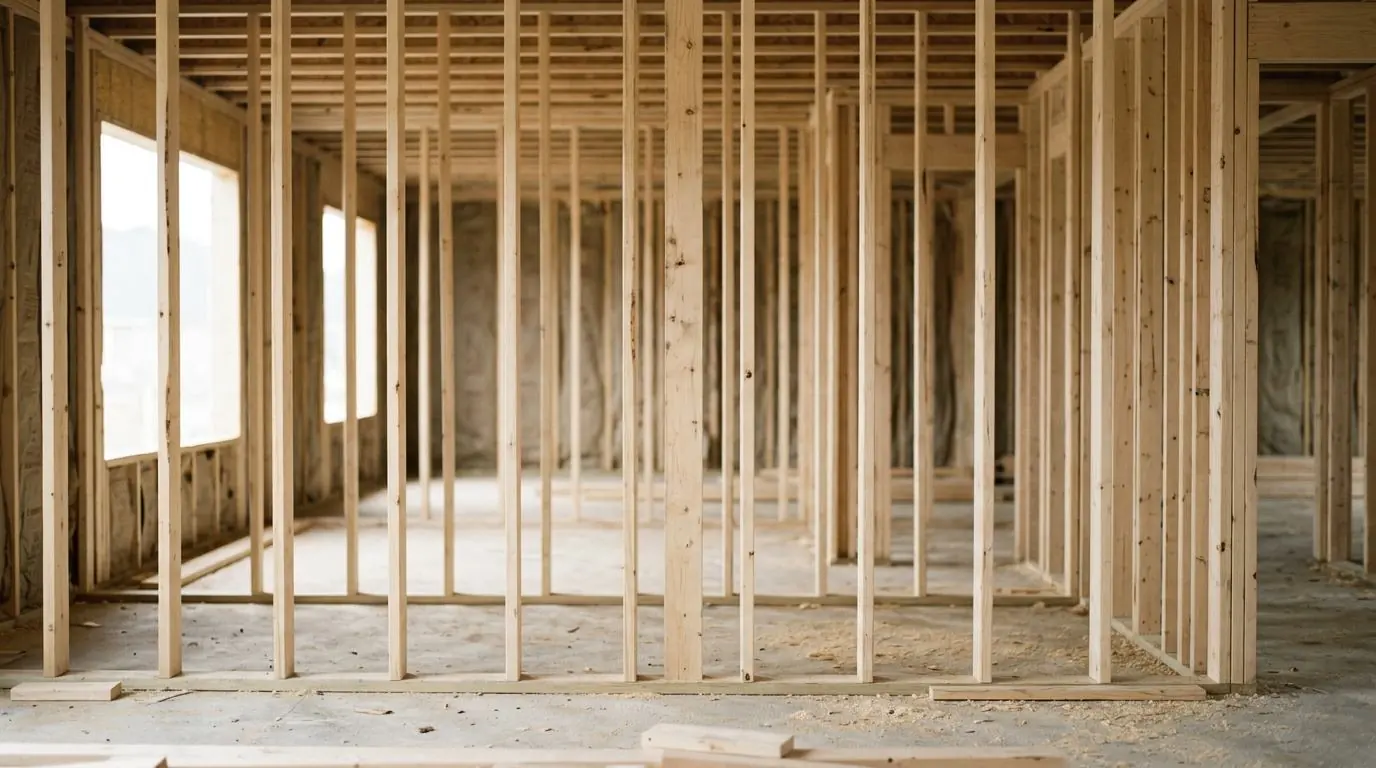 AI-generated concept: open wood framing before the subfloor goes down