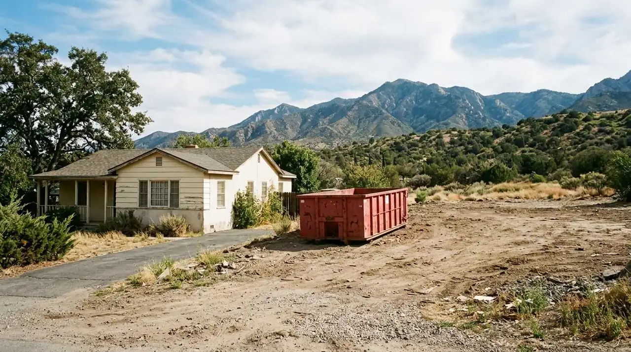 AI-generated concept: older 1950s ranch house with a dumpster and a cleared lot beside it, design render