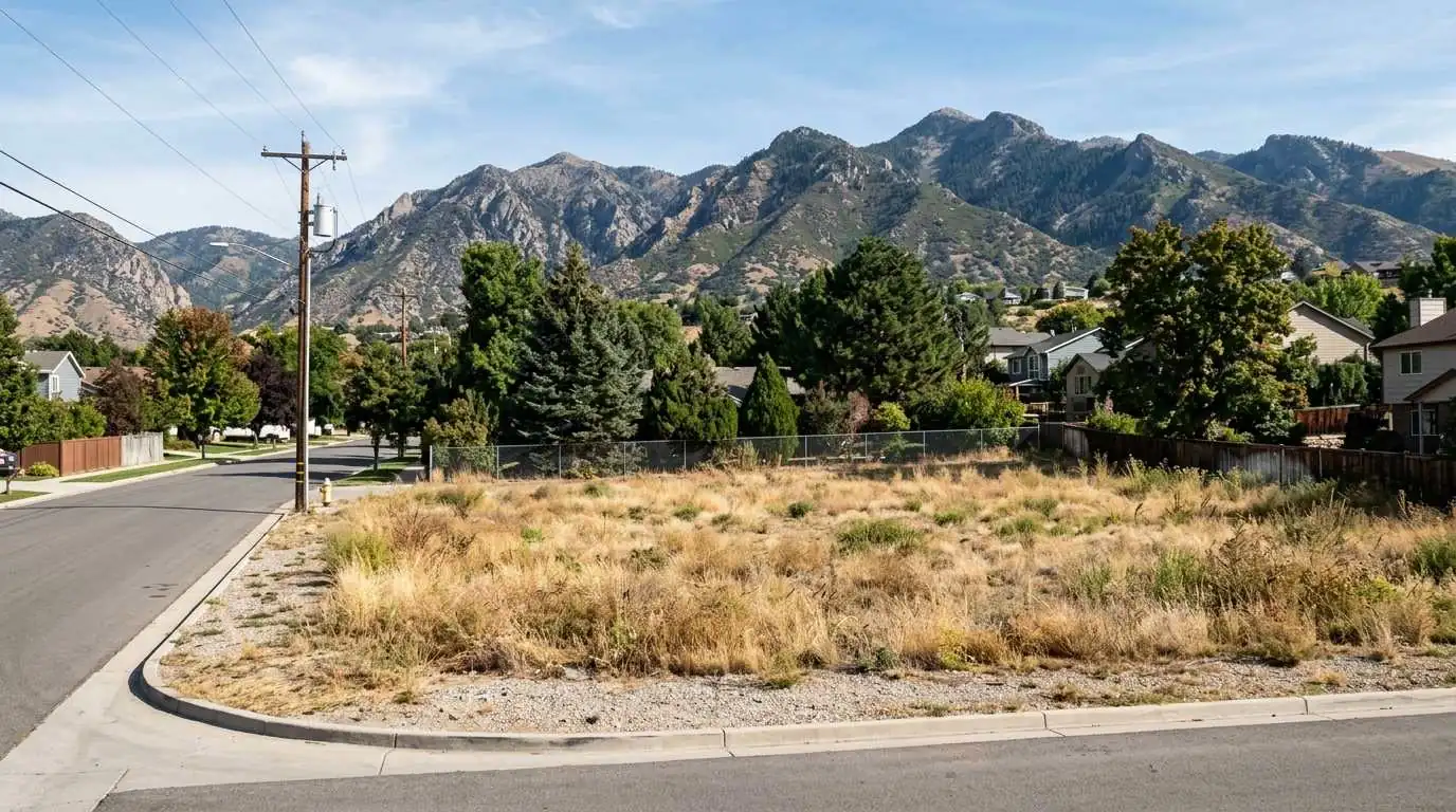 AI-generated concept: vacant residential lot with a foothill view, design render