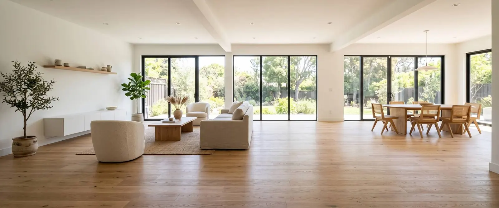 AI-generated concept: bright open living space with wide oak plank flooring and large windows