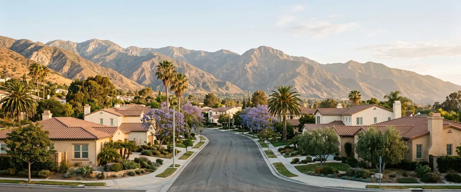 AI-generated concept: tile-roofed homes on a tree-lined street below the San Gabriel mountains