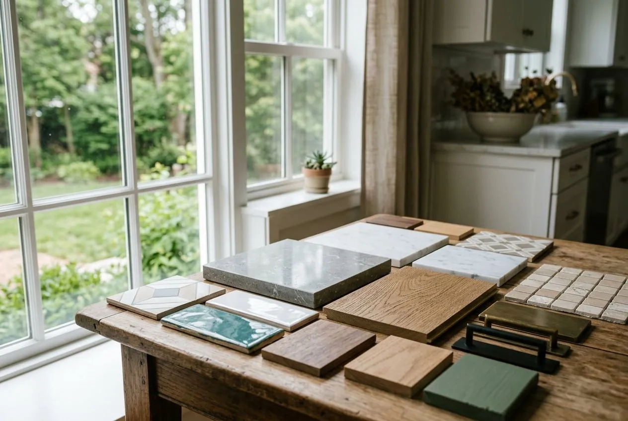 AI-generated concept: material sample boards and tile samples on a table, design render