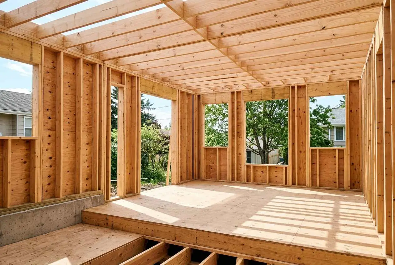 AI-generated concept: framing of a room addition with studs and sunlight, design render
