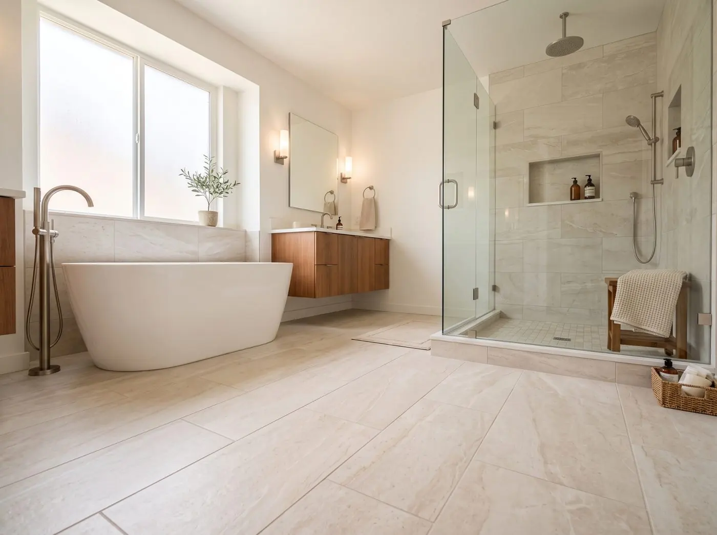 AI-generated concept: bathroom with large neutral floor tile