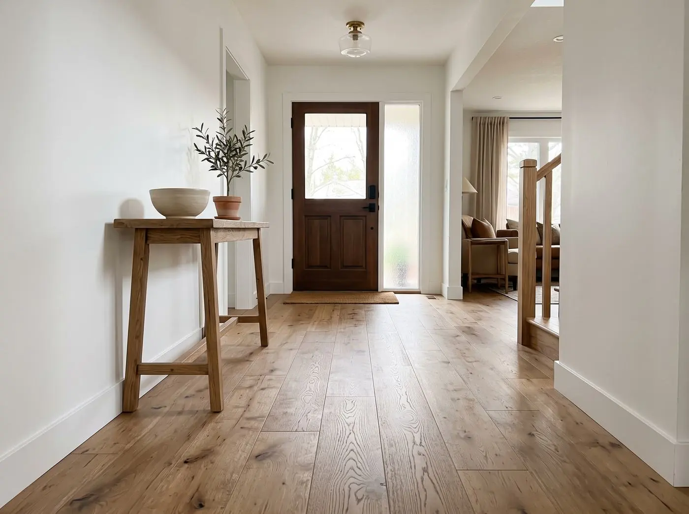 AI-generated concept: entry hallway with oak plank flooring and a wood front door