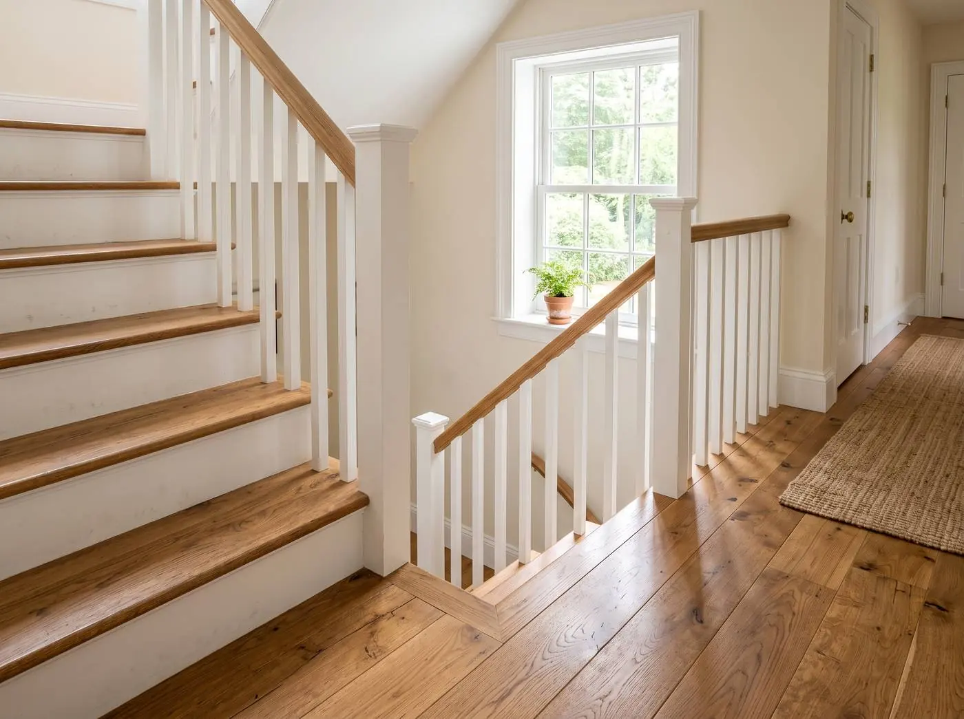 AI-generated concept: wood stairs with white railing and oak floor at the landing