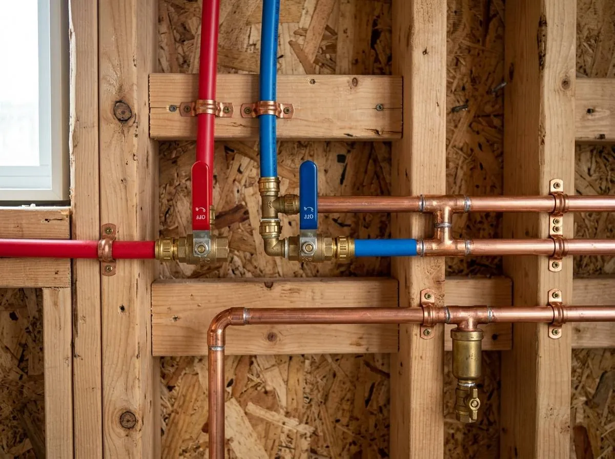 AI-generated concept: new copper and PEX plumbing in an open wall, design render