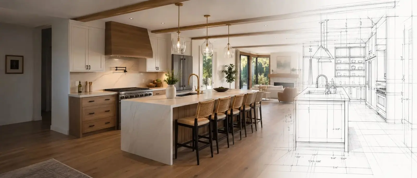AI-generated concept: kitchen render fading into an architectural sketch