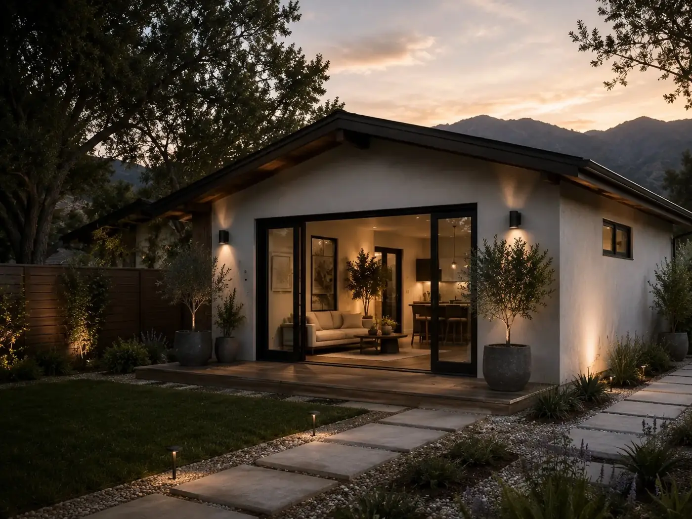 AI-generated concept: stucco backyard ADU at dusk with sliding glass doors and warm light