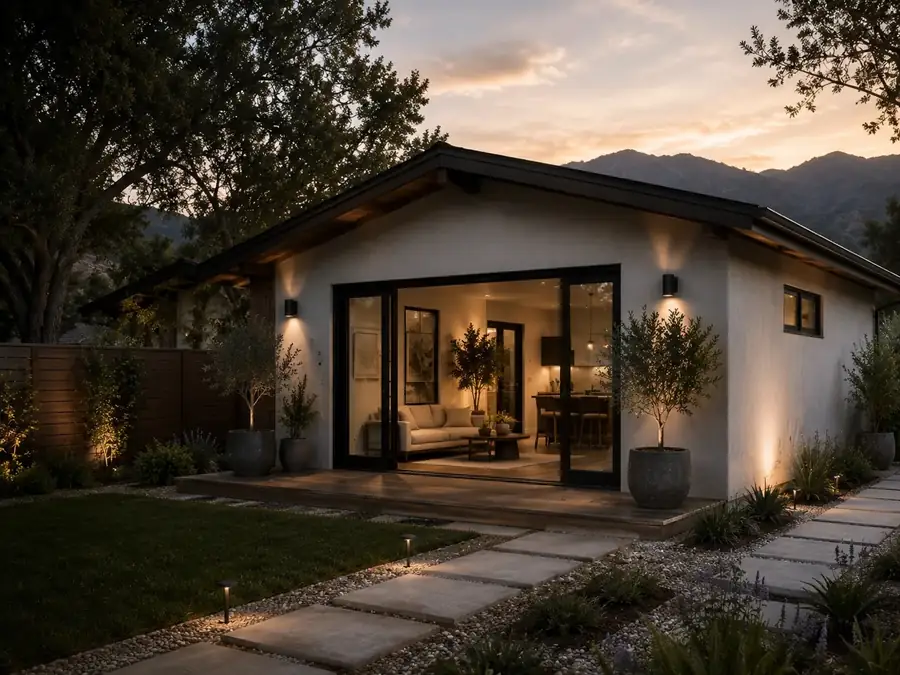 AI-generated concept: backyard detached ADU at dusk