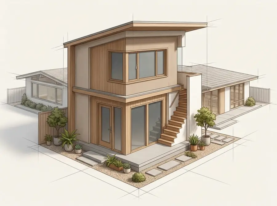 AI-generated concept: two-level home with a wood-clad upper story