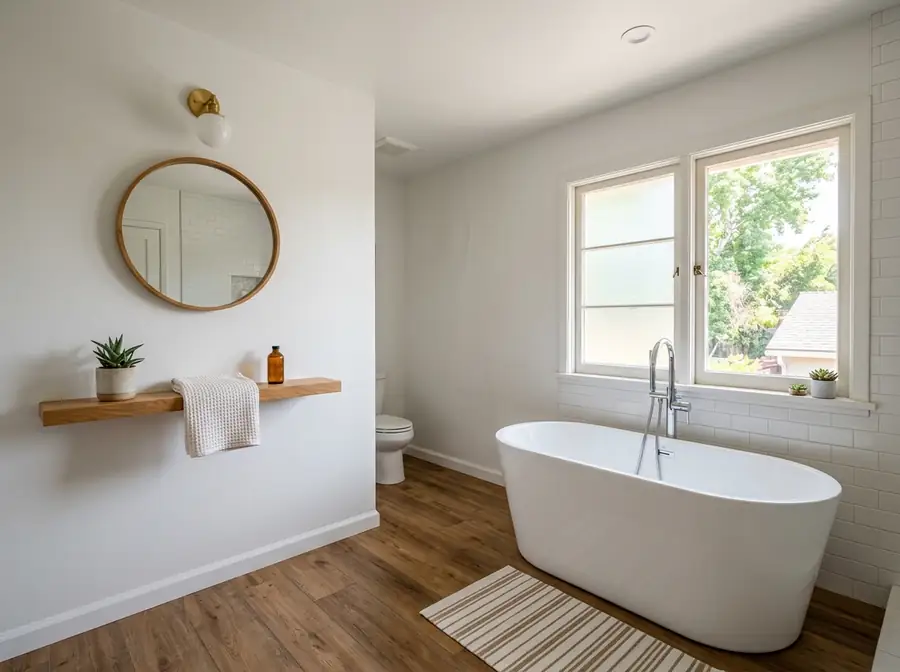 AI-generated concept: primary bath with a soaking tub and wood floor