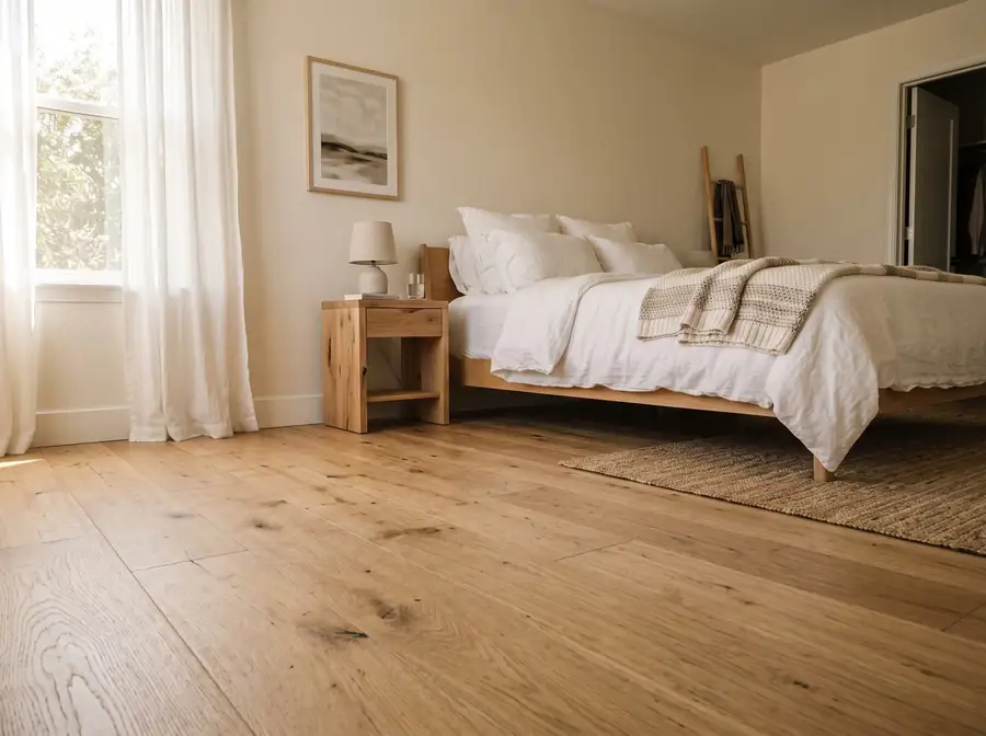 AI-generated concept: bedroom with oak floors and large windows