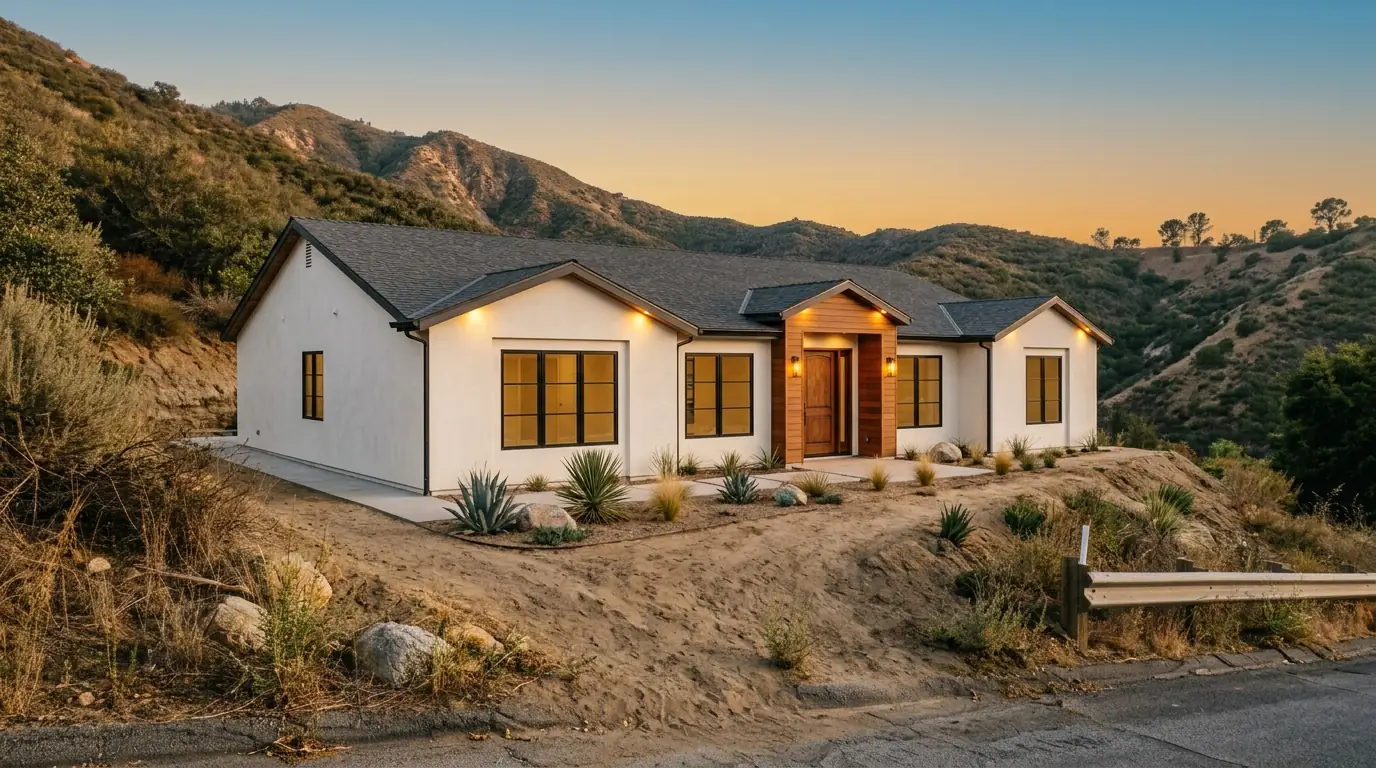 AI-generated concept: a new single-story home with warm lit windows on a foothill lot at sunset