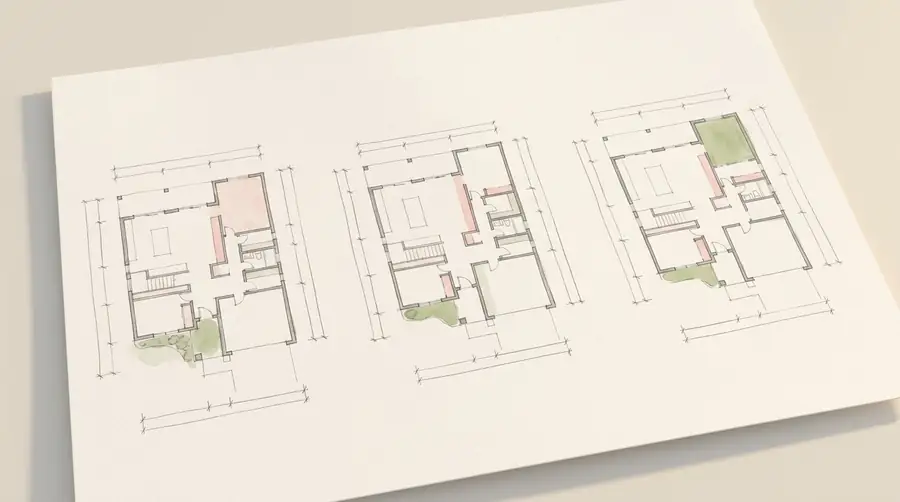 AI-generated concept: sheets of floor plan iterations next to a finished room