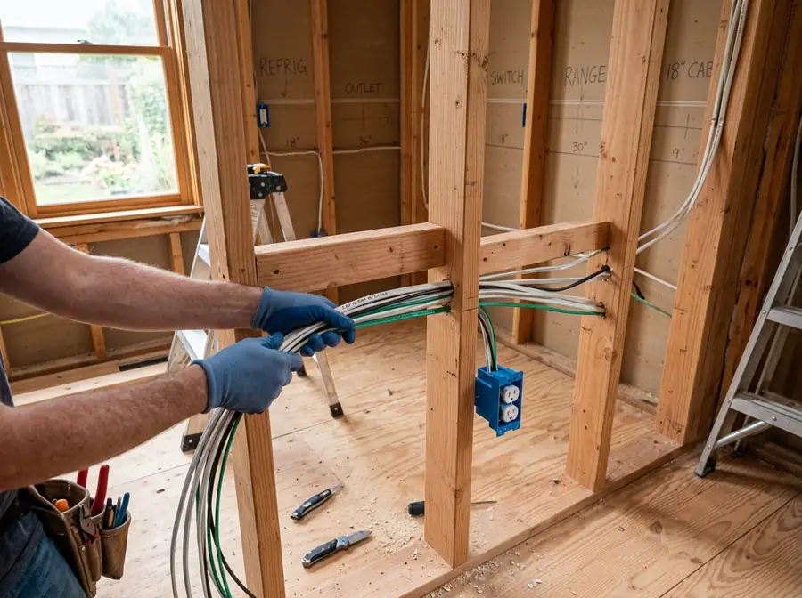 AI-generated concept: electrician running wiring through wall framing