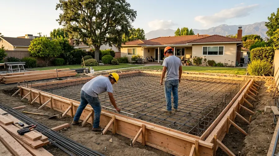 AI-generated concept: crew setting forms for a slab foundation