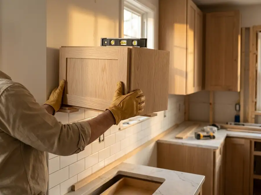 AI-generated concept: installer fitting a kitchen cabinet