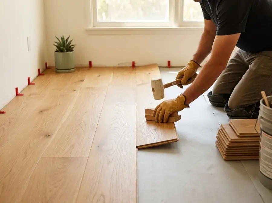 AI-generated concept: crew installing a wood floor in an open room