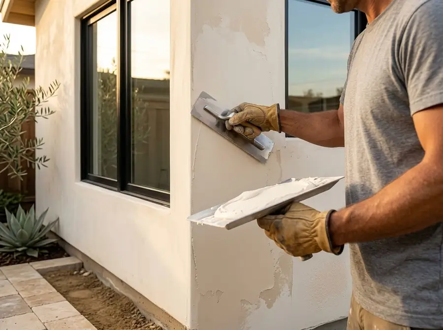 AI-generated concept: plasterer applying stucco to an exterior wall