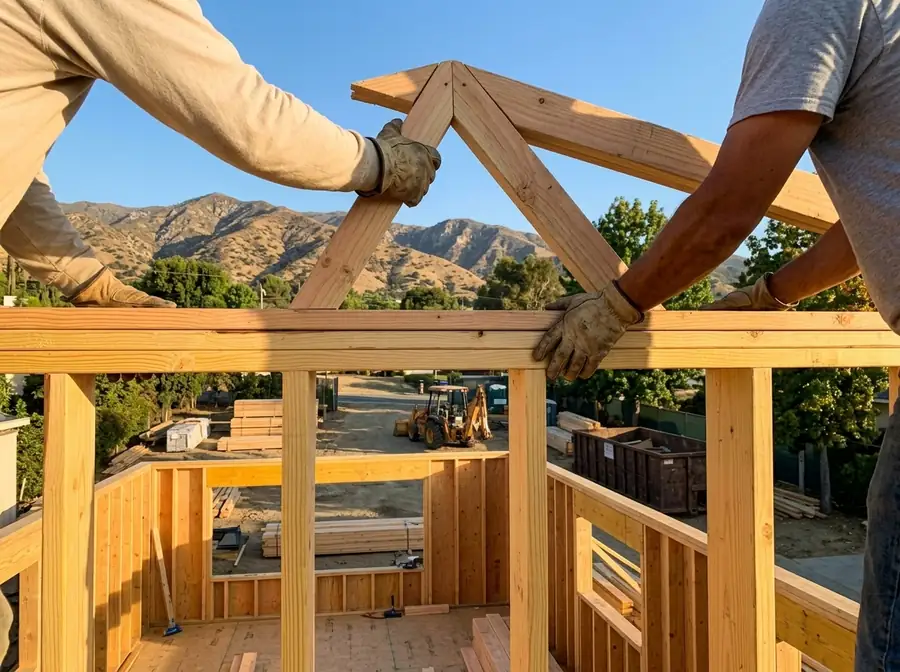 AI-generated concept: illustration of two builders lifting a roof truss into place