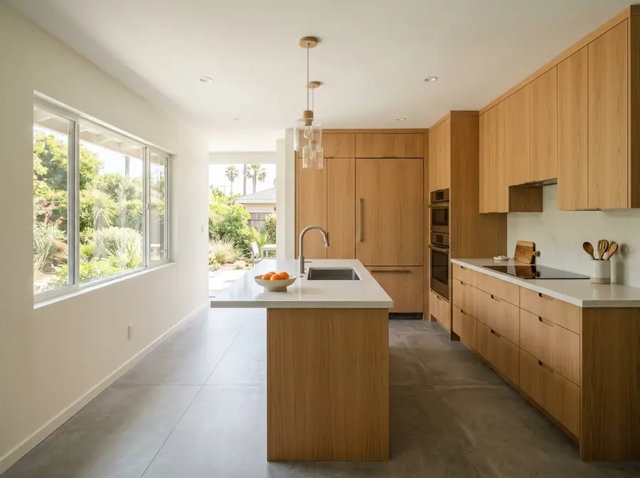 AI-generated concept: bright kitchen with natural wood cabinets inside a small unit