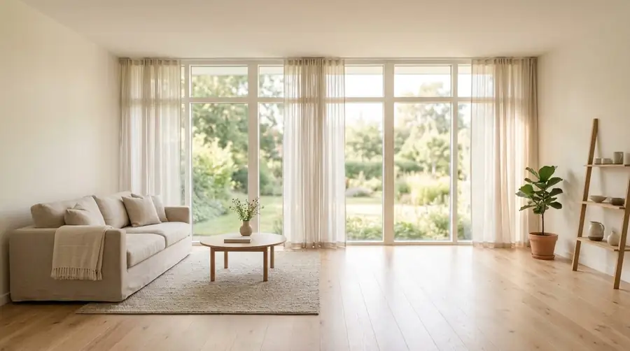 AI-generated concept: bright open living room with large windows and wood floors