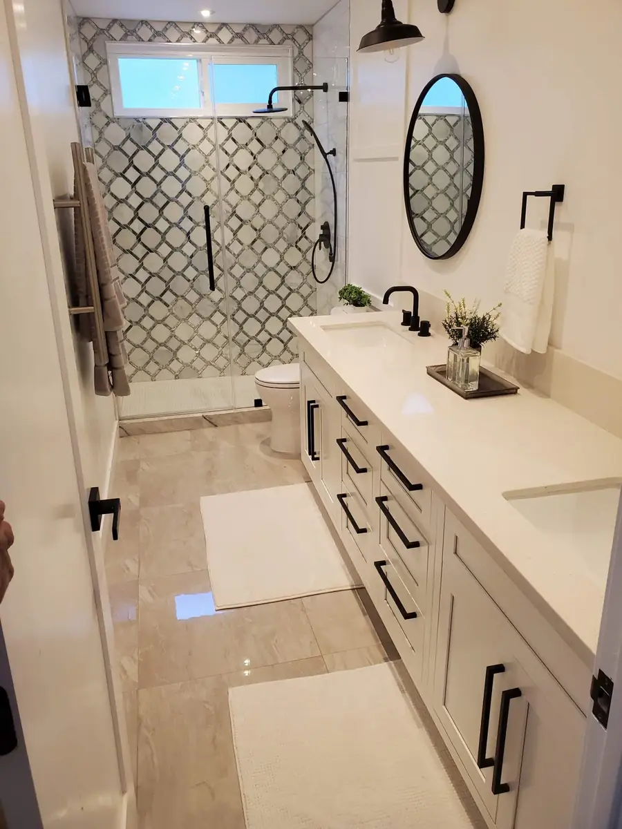 AI-generated concept: remodeled bathroom with double vanity and glass shower