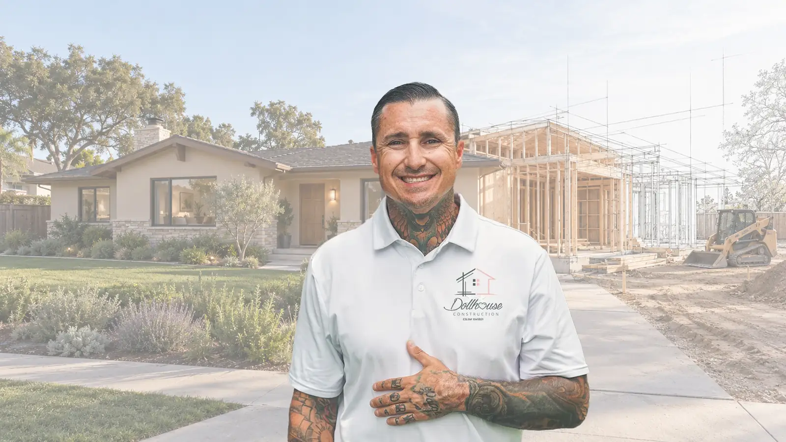 AI-generated concept: Dallas smiling in front of a ranch house with a new addition in framing beside it