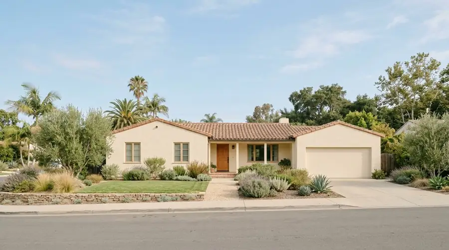 AI-generated concept: single-story stucco house with a garage and landscaped front yard