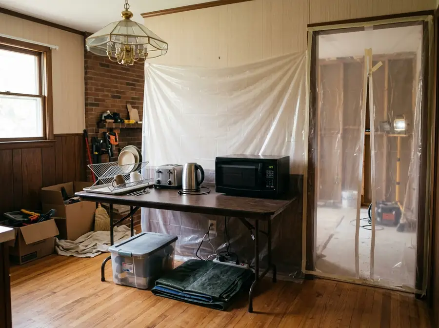 AI-generated concept: temporary kitchen set up in a dining room with a dust barrier behind