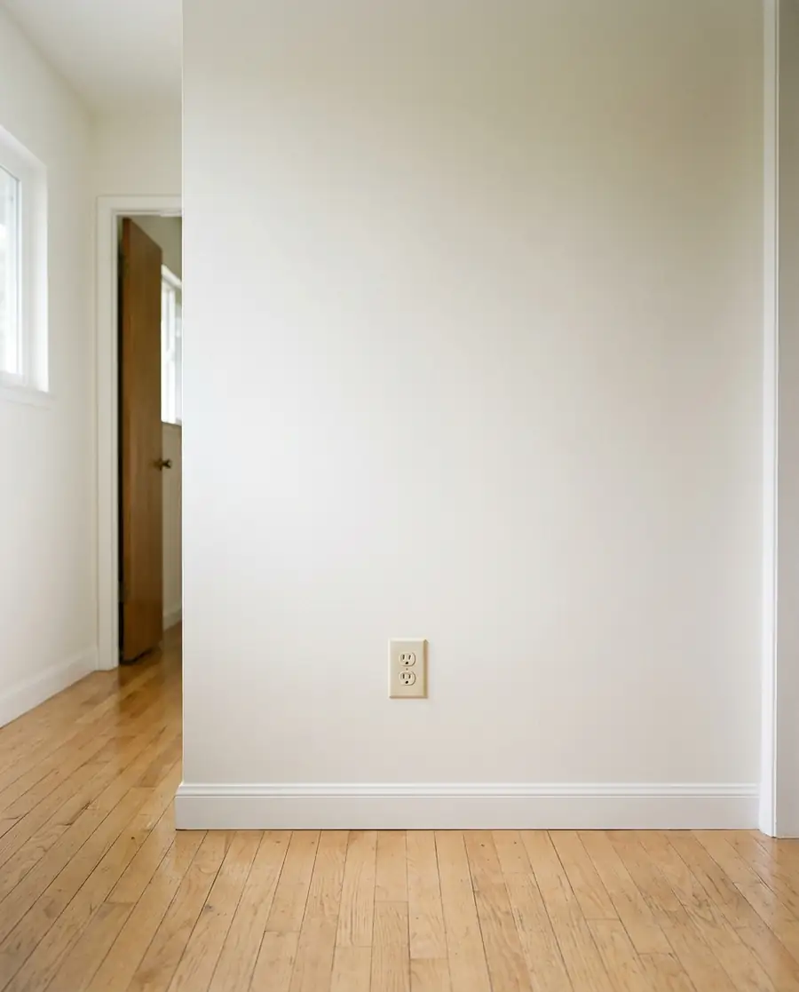 AI-generated concept: the same hallway wall, finished, with an outlet and baseboard