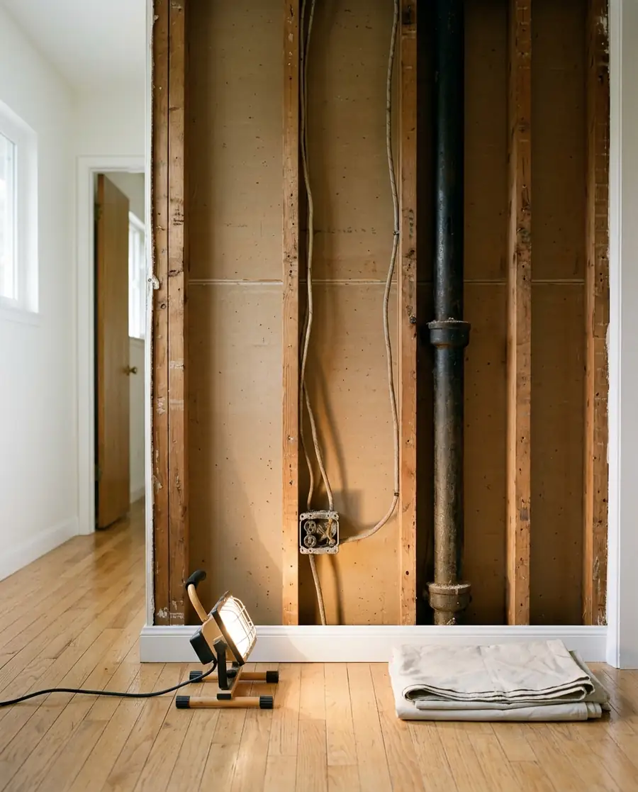 AI-generated concept: a hallway wall opened to the studs, showing old wiring and a cast-iron drain pipe