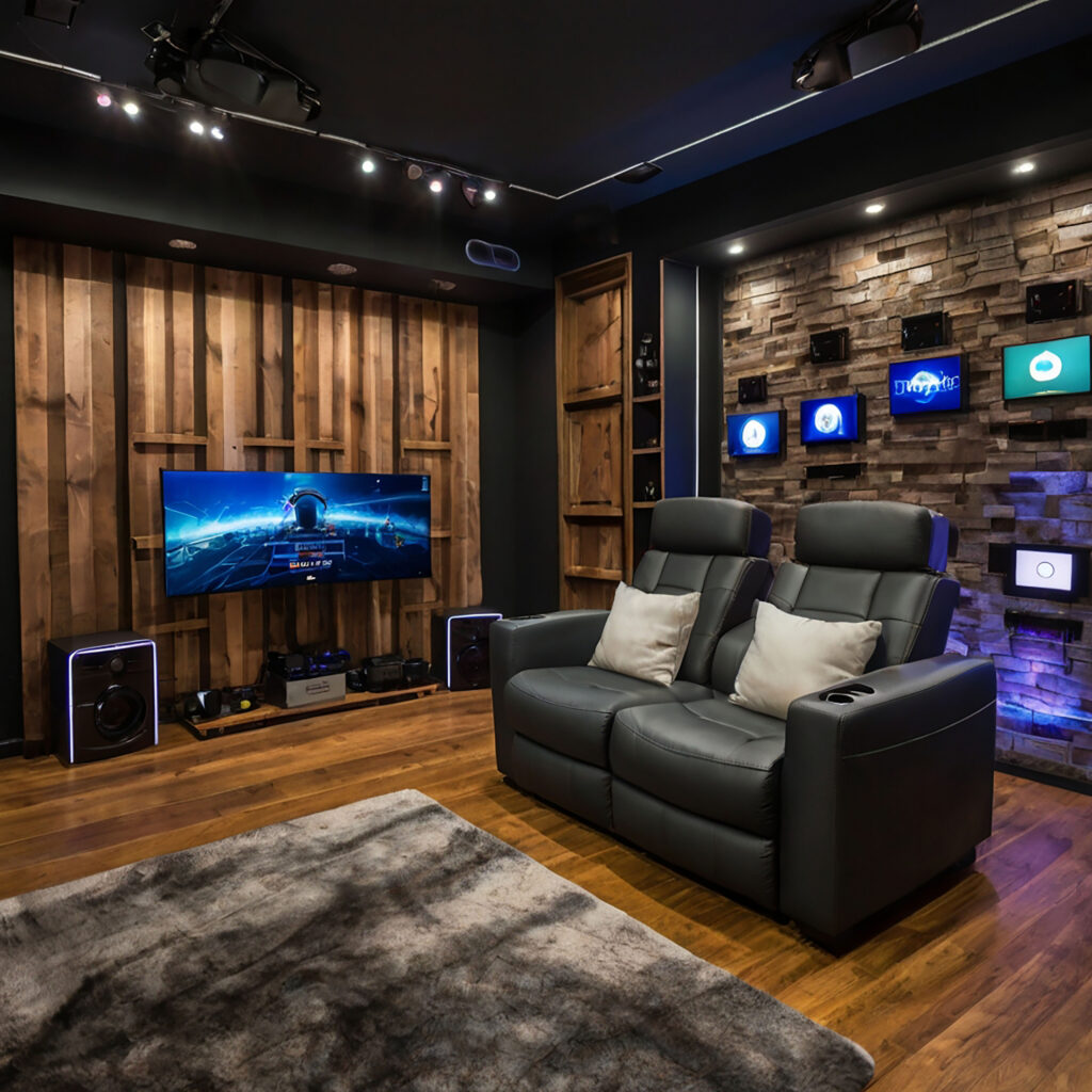 Finished basement lounge with brick fireplace in Claremont