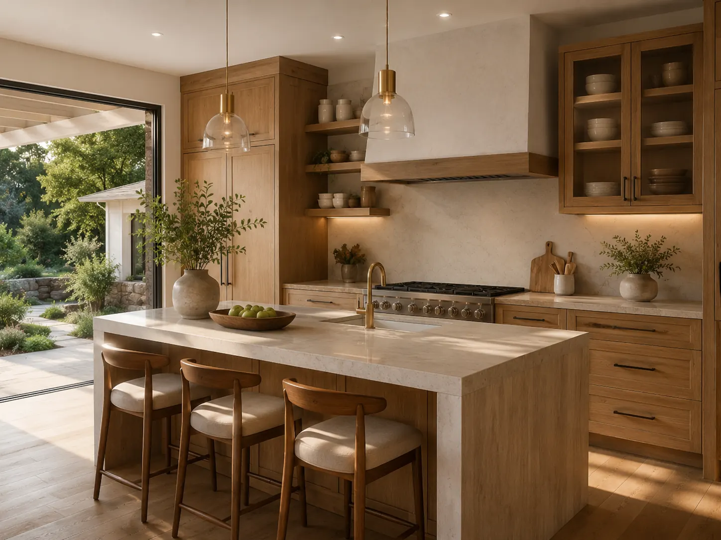 Warm wood kitchen design render with island and garden view in Claremont