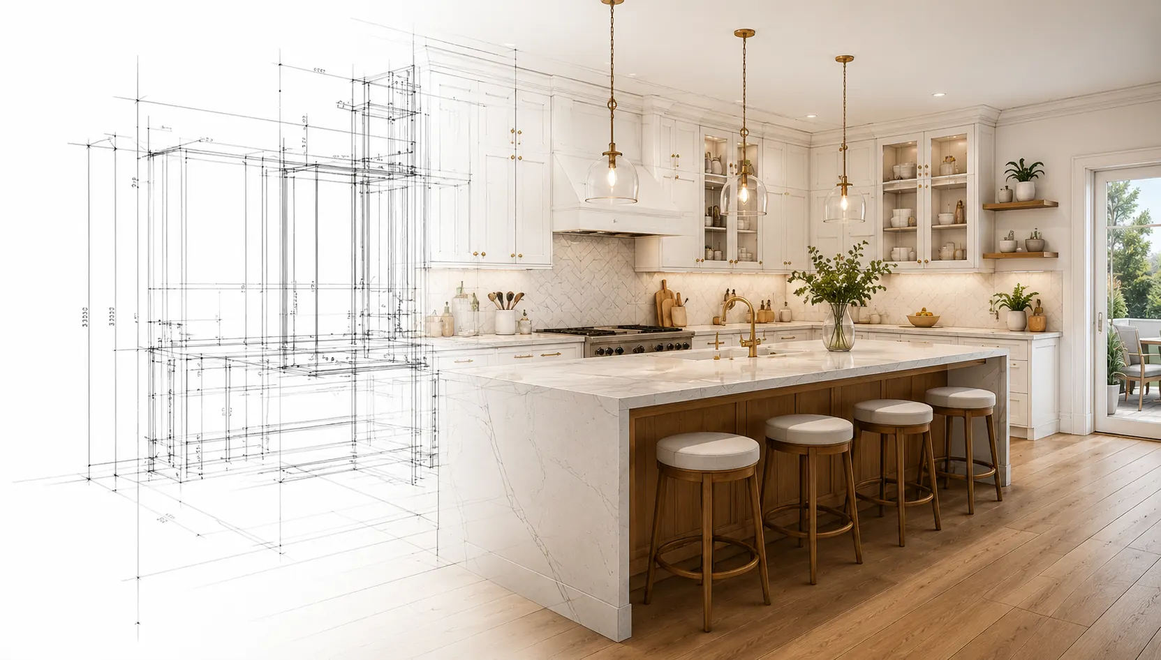 Architectural blueprint render of a custom kitchen remodel in San Dimas