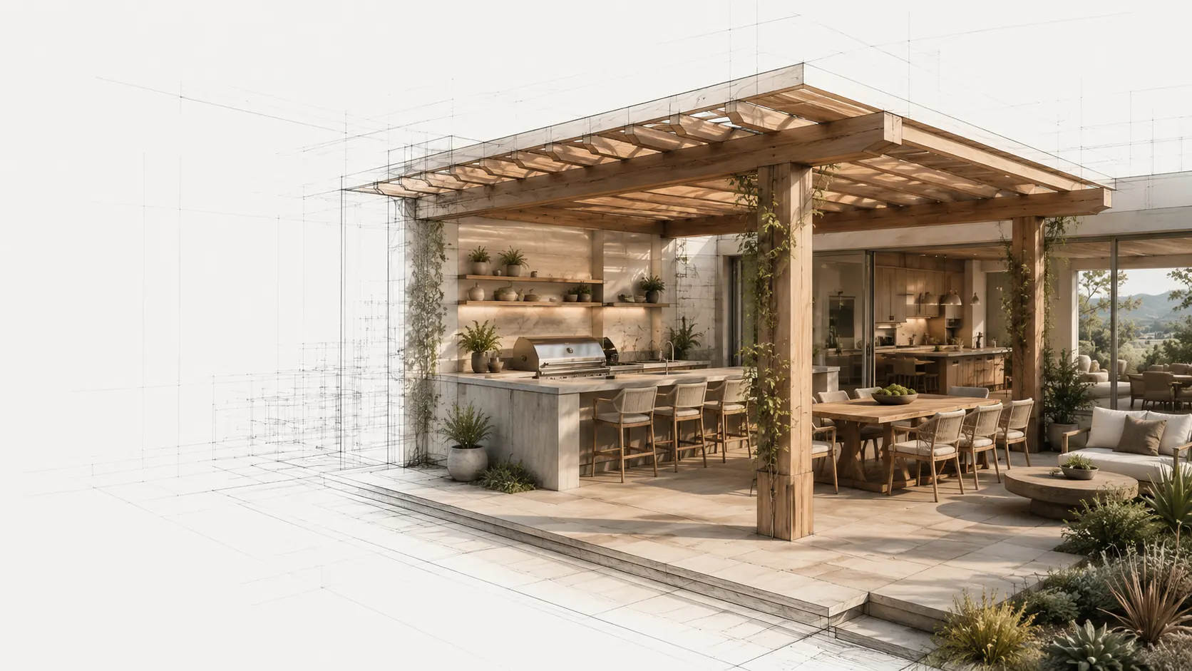 Architectural blueprint render of an outdoor living space and pergola in San Dimas